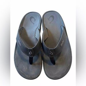 Olukai Mens Black Leather Flip Flop Sandals Size 12